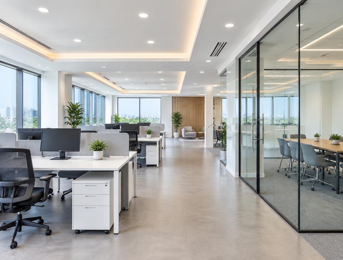 Renovated office with glass meeting rooms