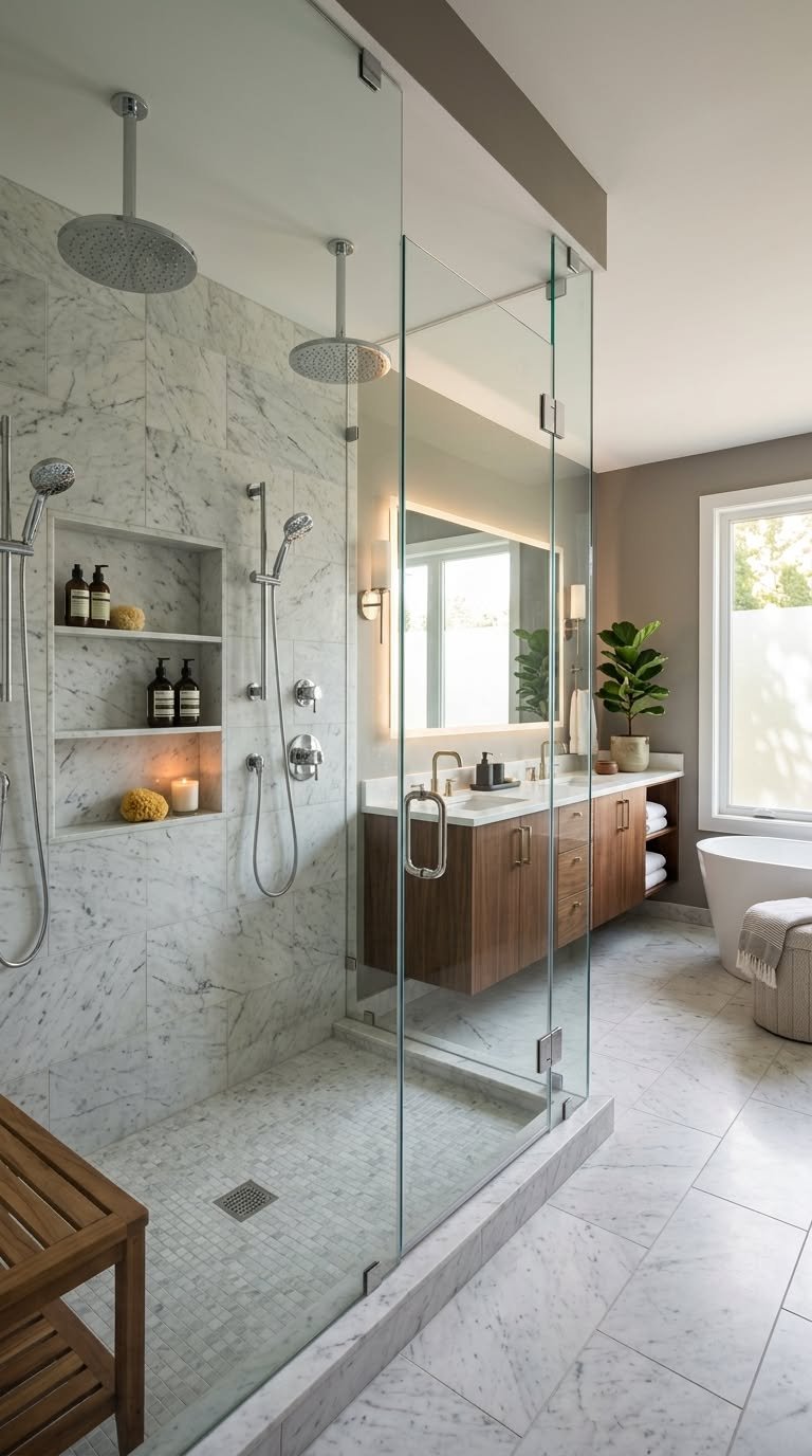 Primary bathroom with walk-in shower and double vanity