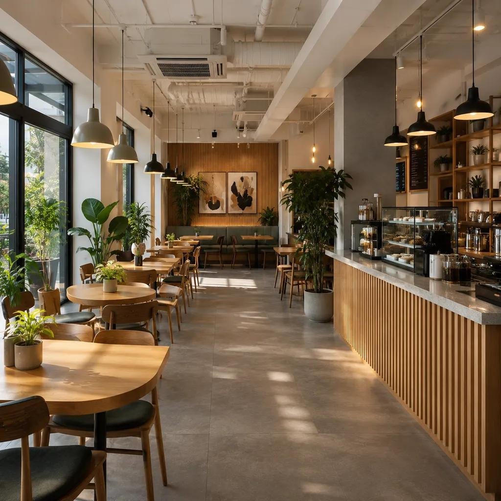 Renovated cafe interior with counter seating and pendant lighting