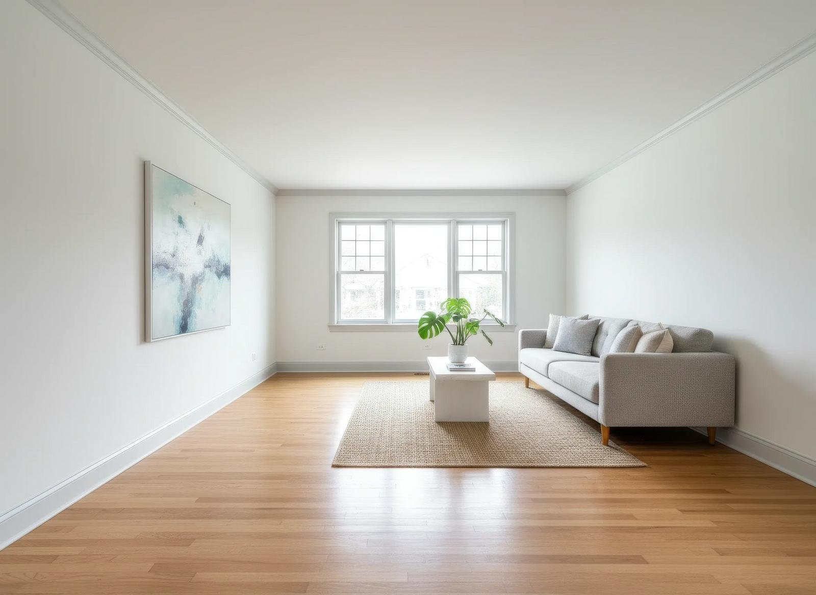 Freshly renovated living room with hardwood floors