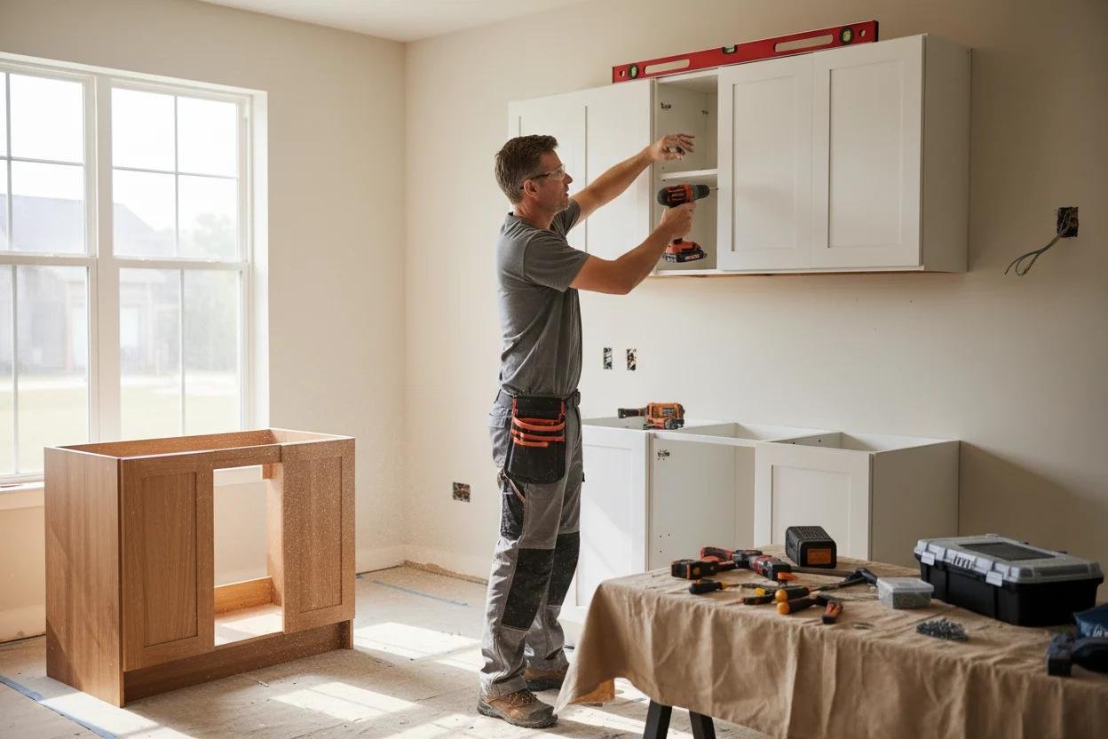 MKB installer fitting custom white kitchen cabinets during a renovation